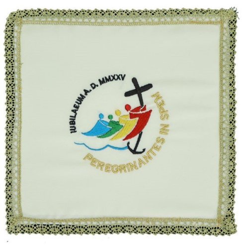 PALLA RICAMATA AVORIO GIUBILEO 2025 - Palla Liturgica copricalice realizzata in tessuto Vaticano di poliestere con logo ufficiale del Giubileo 2025 ricamato