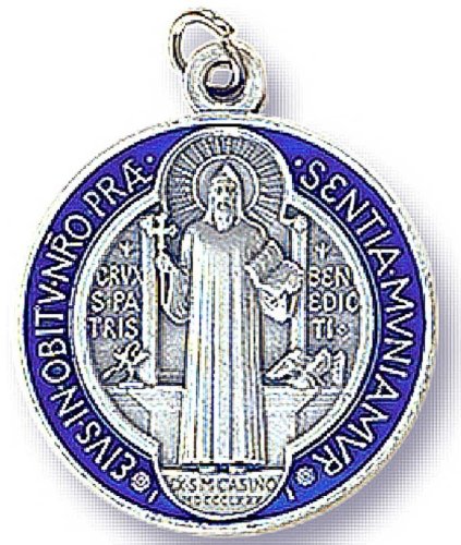 MEDAGLIA SAN BENEDETTO COLOR ARGENTO E SMALTO BLU  cm 3.2
