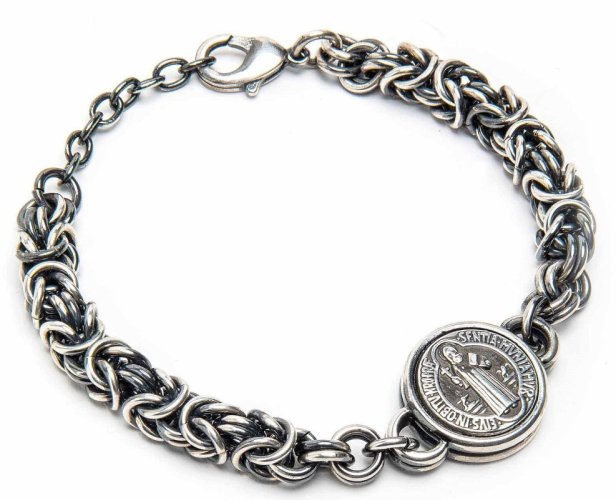 BRACCIALE OTTONE ARGENTATO CON MEDAGLIA DI SAN BENEDETTO - 23 cm