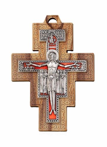CROCE SAN DAMIANO - La croce &egrave; realizzata in metallo ed inserita nel legno. Dimensione: 12 x 9 cm.