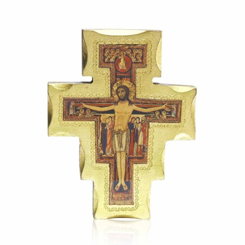 CROCE SAN DAMIANO - La croce &egrave; realizzata su legno con finiture in oro. Dimensione: 43 x 32 cm.