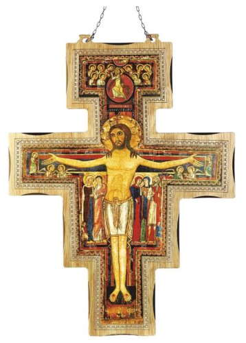 CROCE SAN DAMIANO - La croce &egrave; realizzata su legno con finiture in oro. Dimensione: 117x83 cm.