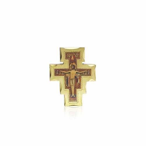 CROCE SAN DAMIANO - La croce &egrave; realizzata su legno con finiture in oro. Dimensione: 17x13 cm.