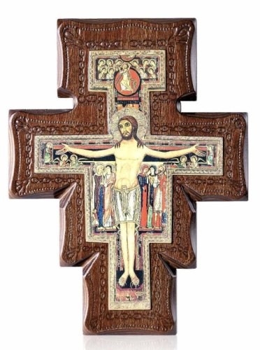 CROCE SAN DAMIANO - La croce &egrave; realizzata su legno scuro. Dimensione: 30x23 cm.