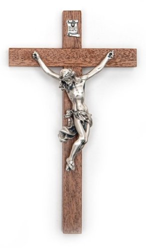 CROCIFISSO LEGNO MOGANO CON CORPO METALLO COLOR ARGENTO - 16 X 8 cm