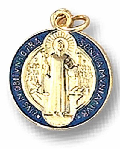 MEDAGLIA SAN BENEDETTO METALLO DORATO E SMALTO BLU cm 2
