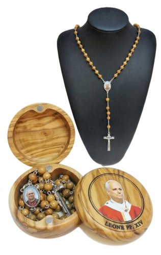 PORTAROSARIO CON ROSARIO PAPA LEONE XIV LEGNO ULIVO