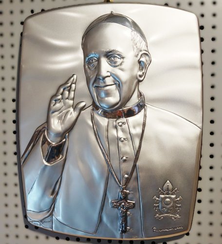 QUADRO LEGNO ARGENTO PAPA FRANCESCO 25,5X20