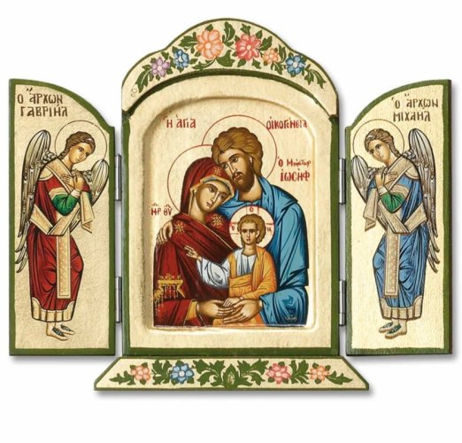 S. FAMIGLIA 21X25 CORNICE A FIORI - TRITTICO IN LEGNO, IMMAGINE SERIGRAFATA E FINEMENTE DECORATA CON MOTIVI FLOREALI
