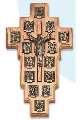 VIA CRUCIS IN ULIVO E PLACCA IN METALLO - Misure 21 x 12 cm.
