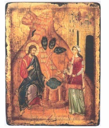 GESU' E LA SAMARITANA AL POZZO 18X22 CM - ICONA DIPINTA A MANO E ANTICATA