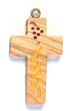 CROCE CON UVA E GRANO - Croce in legno di ulivo, con laccio.