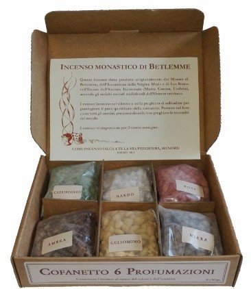 COFANETTO CON SEI PROFUMAZIONI DI INCENSO - Rosa, ambra, caprifoglio, nardo, mirra, gelsomino.