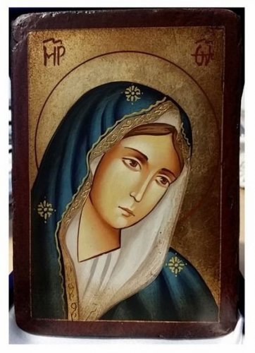MDN ORANTE CATTOLICA - Icona dipinta a mano su legno. Provenienza: europa dell'est. Completa di cofanetto e certificato di autenticit&agrave;. Dimensioni: 14 x 18 cm.