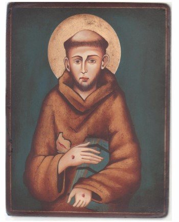S. FRANCESCO D'ASSISI 18X22 CM - ICONA DIPINTA A MANO SU LEGNO. PROVENIENZA: EUROPA DELL'EST. COMPLETA DI COFANETTO E CERTIFICATO DI AUTENTICITA'.