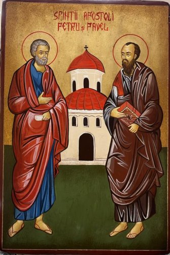 SAN PIETRO E SAN PAOLO 22X32 CM - ICONA DIPINTA A MANO SU LEGNO. PROVENIENZA: EUROPA DELL'EST. COMPLETA DI COFANETTO E CERTIFICATO DI AUTENTICITA'.