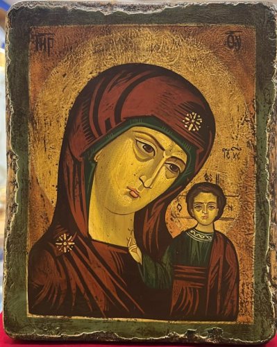 MADONNA DI KAZAN 18X22 CM - ICONA RUMENA SCRITTA A MANO NEL RISPETTO DELLA TRADIZIONE DELL'ARTE BIZANTINA