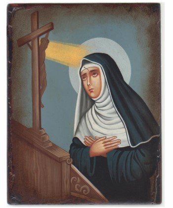 S. RITA DA CASCIA 18X22 CM - ICONA DIPINTA A MANO SU LEGNO. PROVENIENZA: EUROPA DELL'EST. COMPLETA DI COFANETTO E CERTIFICATO DI AUTENTICITA'.
