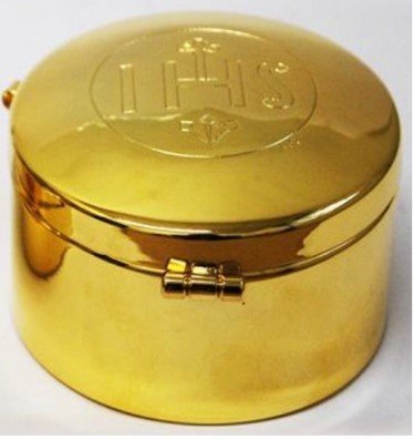CONTENITORE DORATO CON INCISO IHS - Diametro 8.4, altezza 18 cm.