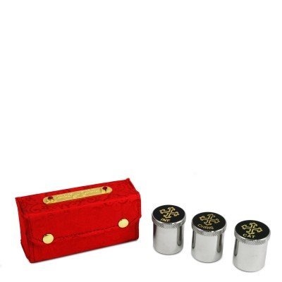TRE OLII SANTI CON CUSTODIA ROSSA - Misure: 9,5 x 4,5 x 3,5 cm.