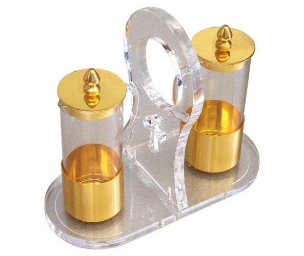 AMPOLLINE MODELLO "PLEXI" - Misure piattino 16 x 7 cm, altezza ampolline 14 cm.