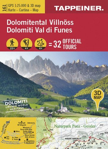Dolomiti Val di Funes. Cartina topografica. Carta panoramica 3D