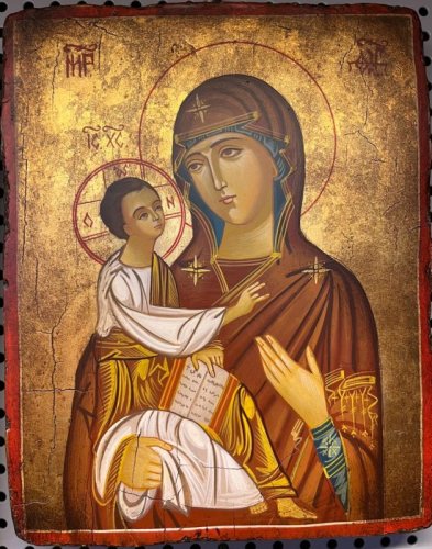 MADONNA CON BAMBINO 18X22 CM - Icona dipinta a mano e anticata